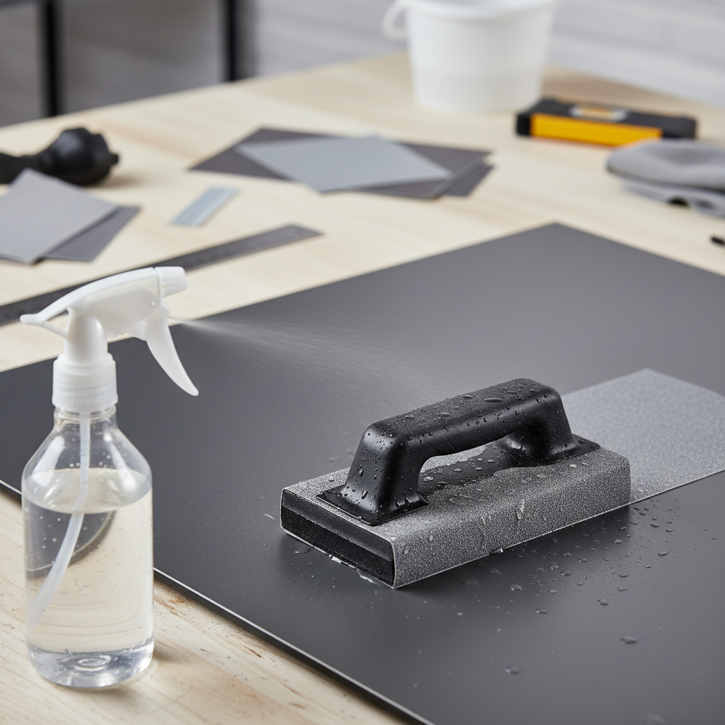 Wet sanding with a sanding block and water spray for a consistent finish