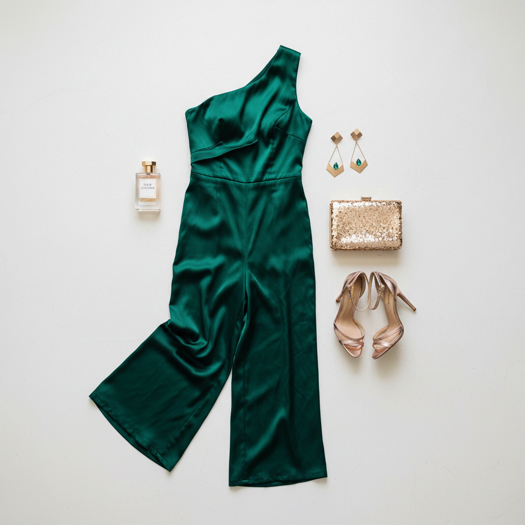 Flat lay of classy wedding guest jumpsuit with heels, clutch, and jewelry