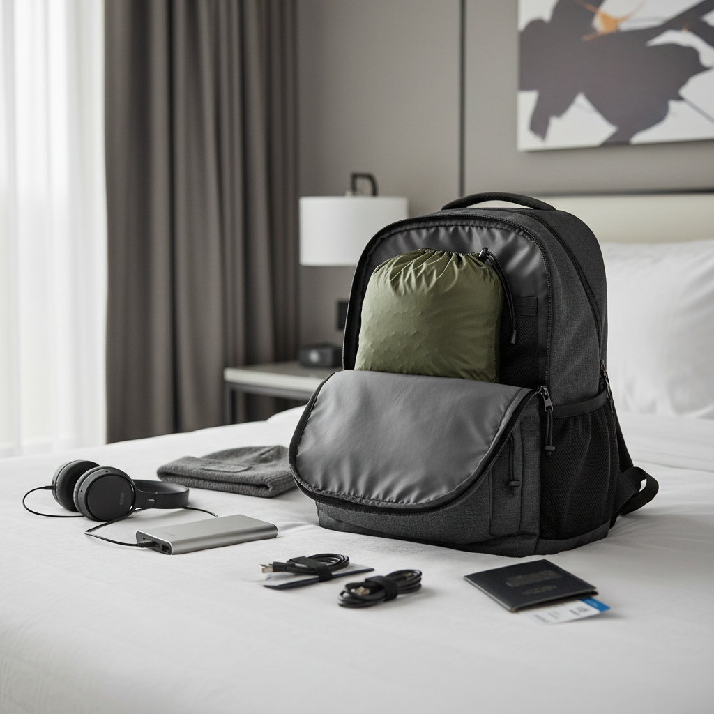 Lightweight travel rain jacket packed into a carry-on backpack