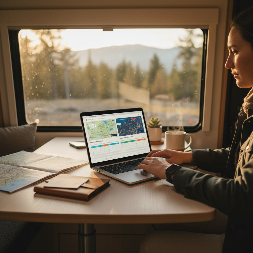 Camper comparing campground booking options on a laptop with a map and notebook