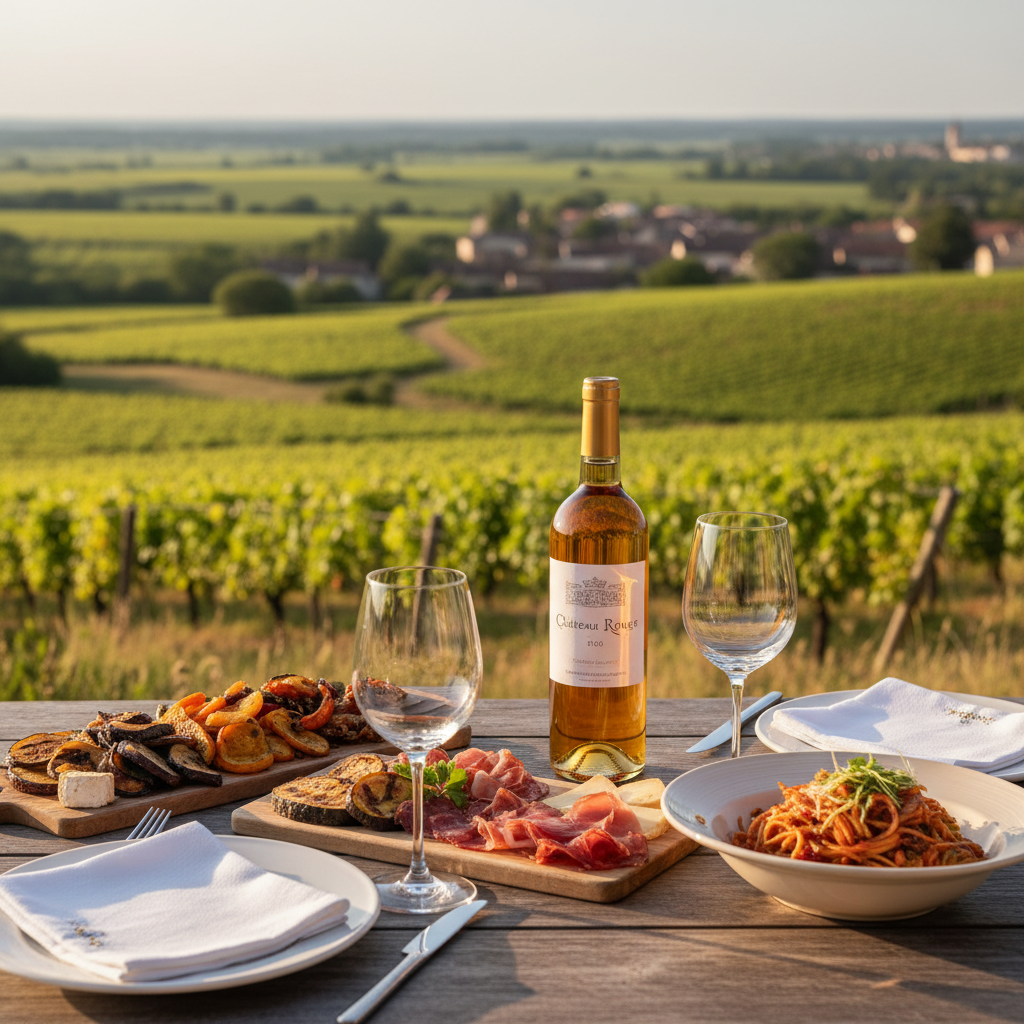 Outdoor vineyard lunch with regional food pairings and a bottle of wine on a terrace