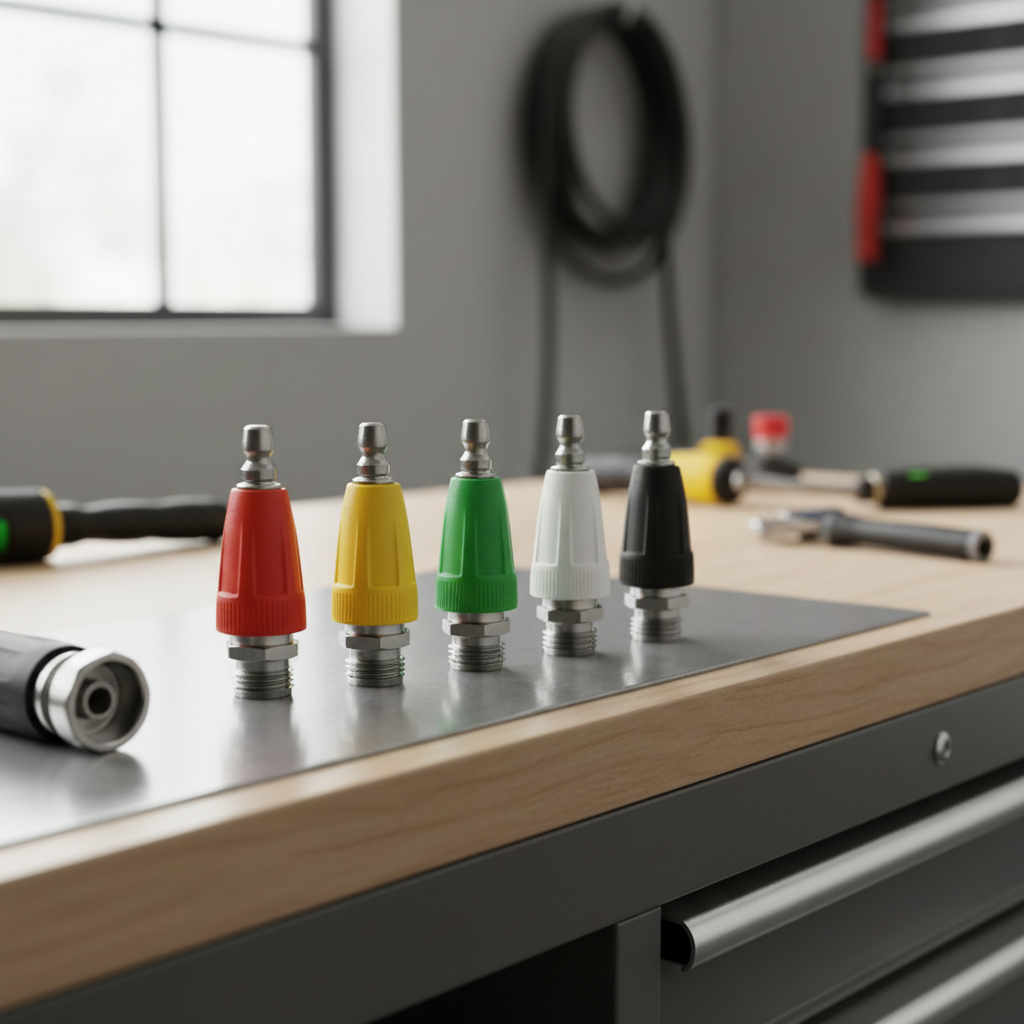 Color-coded pressure washer nozzle tips laid out on a workbench