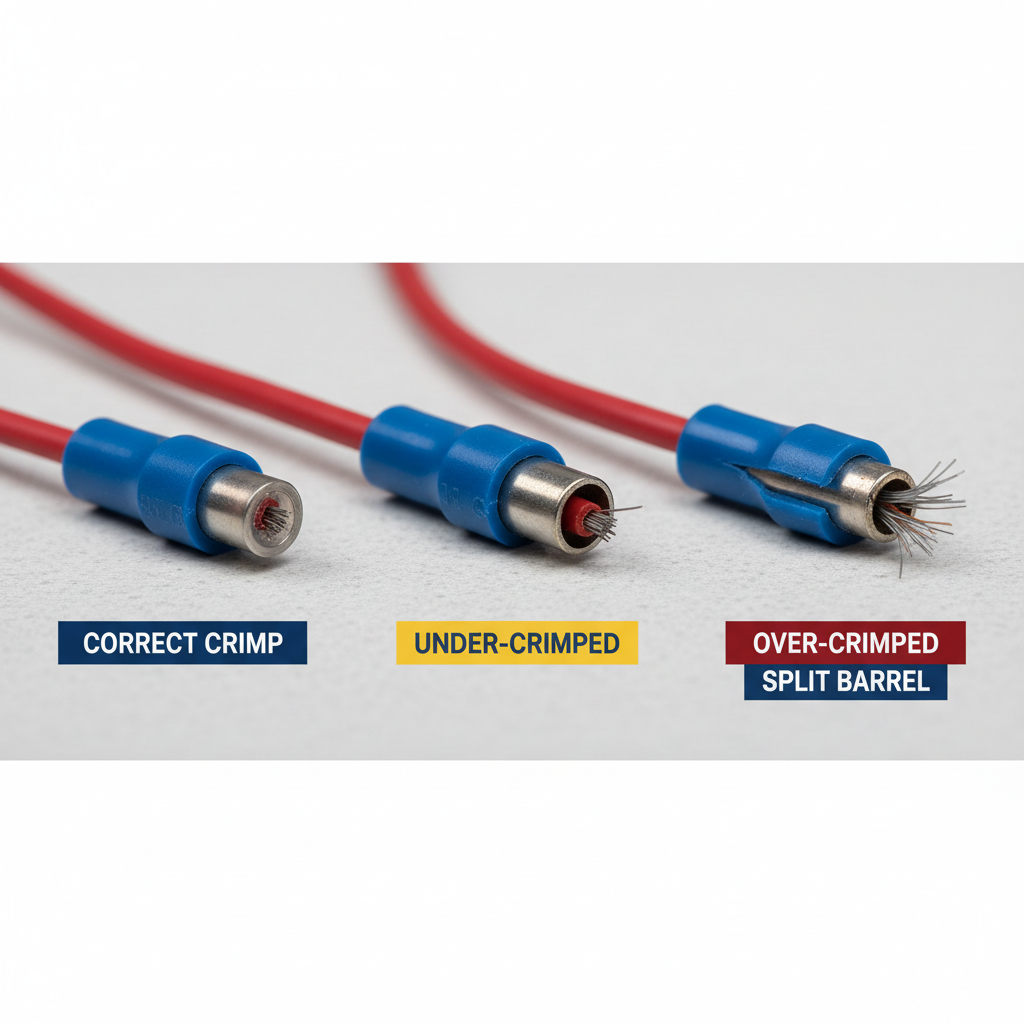 Electrical terminal crimp quality comparison: good crimp vs under-crimped and over-crimped examples