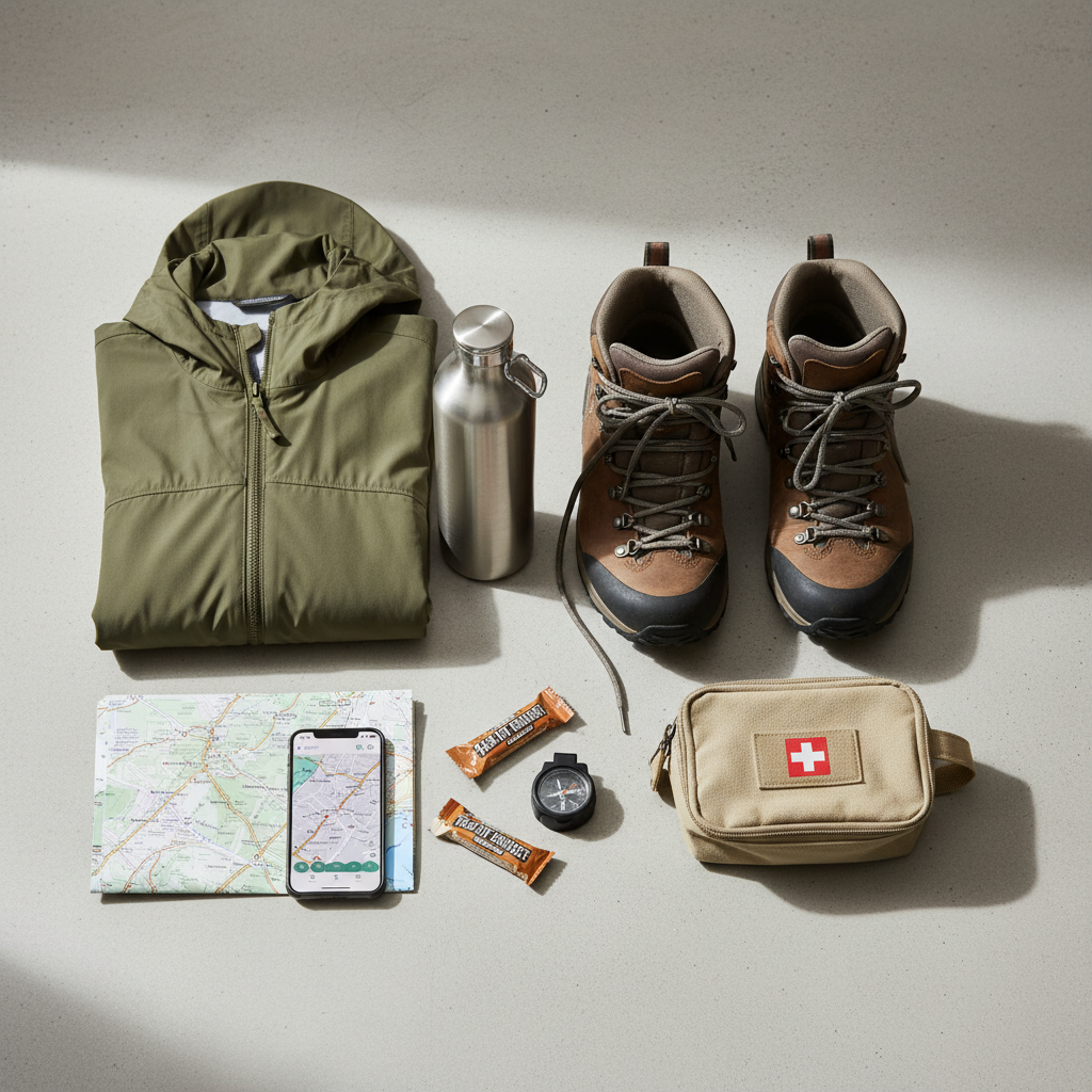 Waterfall hike essentials laid out: sturdy shoes, rain jacket, water, map