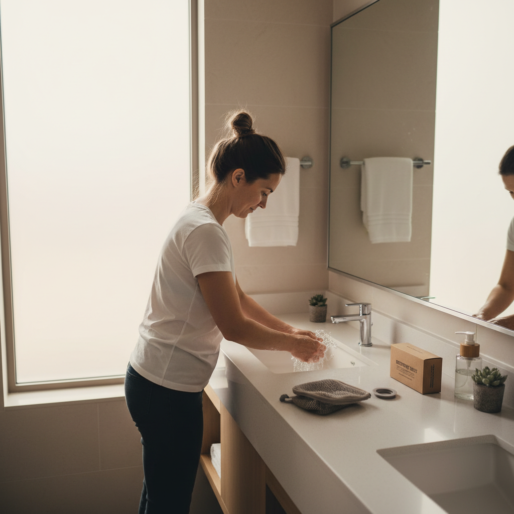 Traveler hand-washing clothes in a hotel sink with a small laundry kit