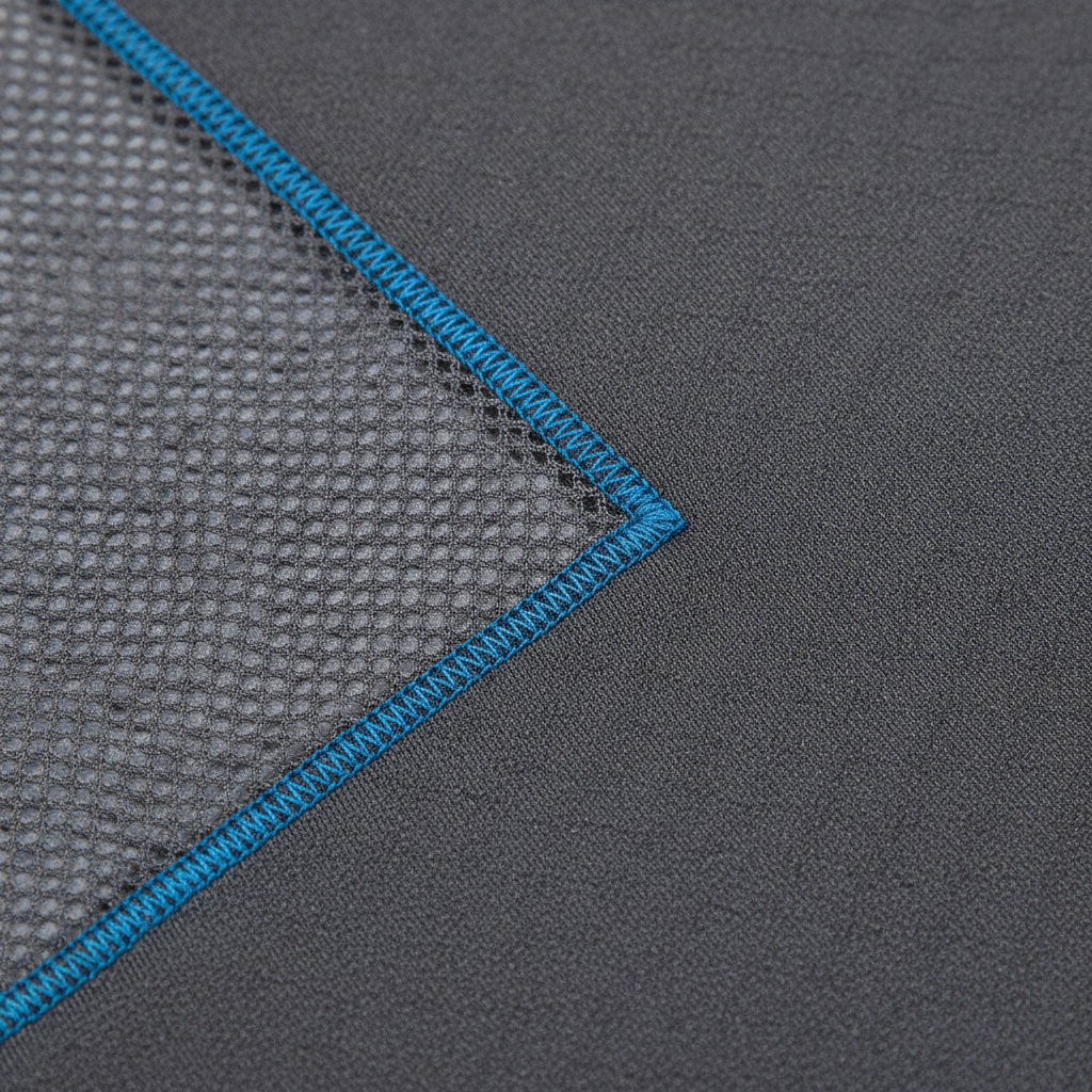 Close-up of moisture-wicking fabric texture and mesh ventilation on a performance t-shirt