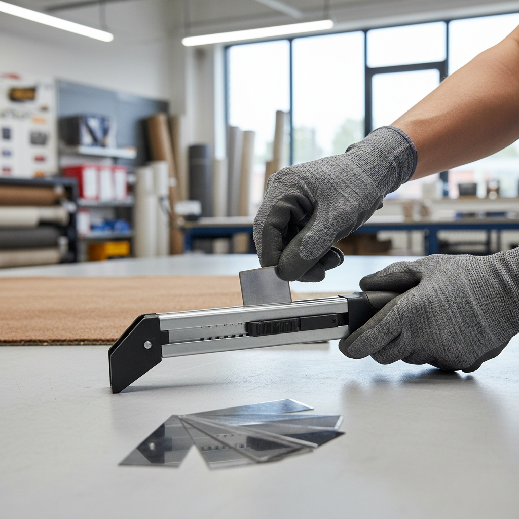 Installer checking carpet blade sharpness and swapping blades for straighter cuts