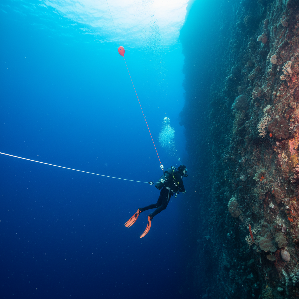 Scuba diver descending along a blue hole wall with safety buoy line