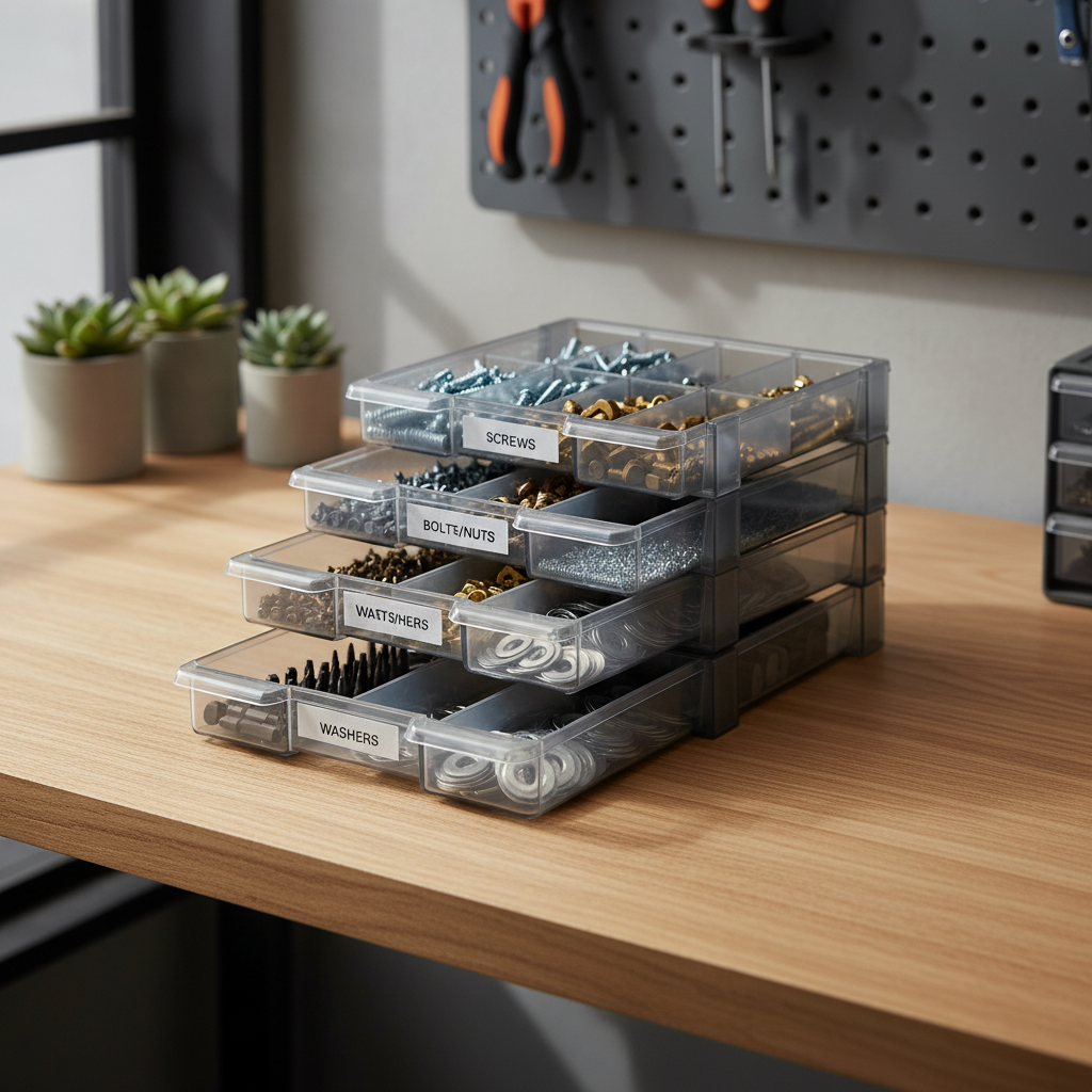 Stackable hardware organizer trays on a workbench with sorted screws and bolts