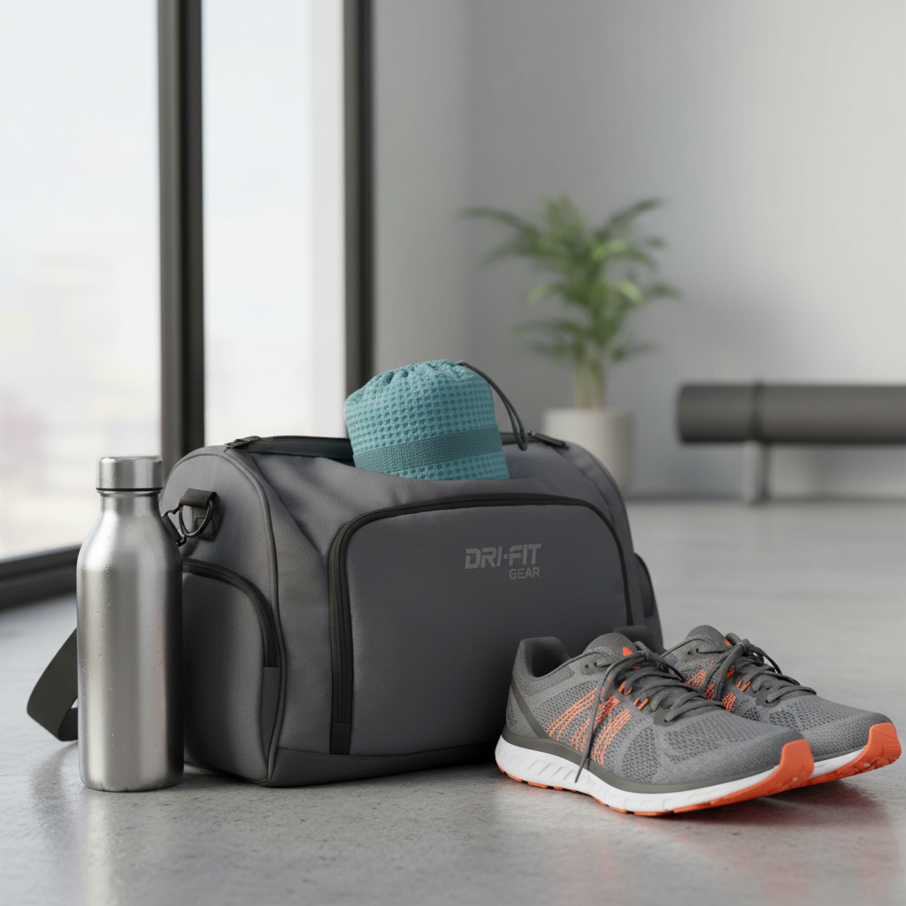 Quick dry travel towel packed in a gym bag next to water bottle and sneakers