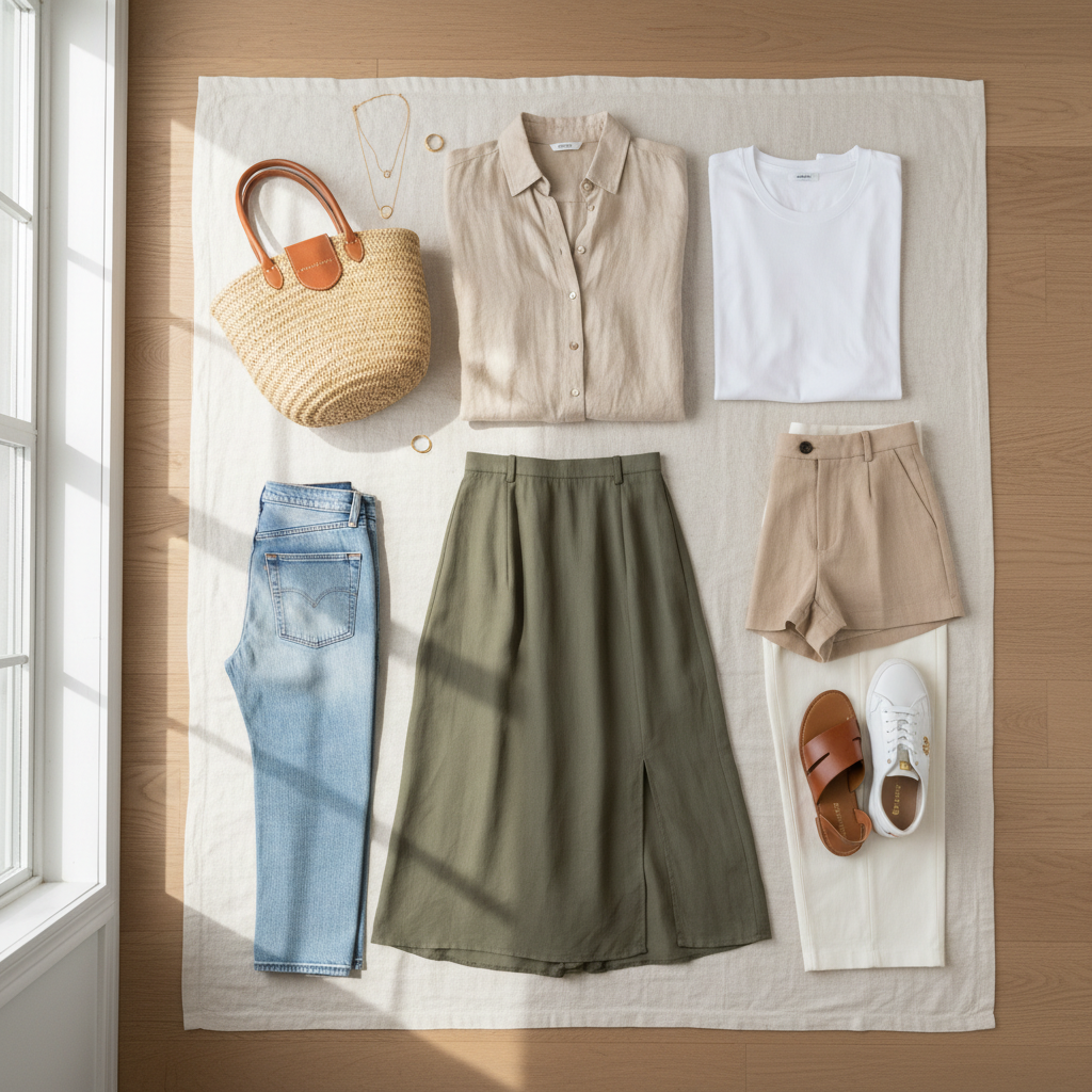 Minimal summer capsule wardrobe flat lay with neutral and color accent pieces