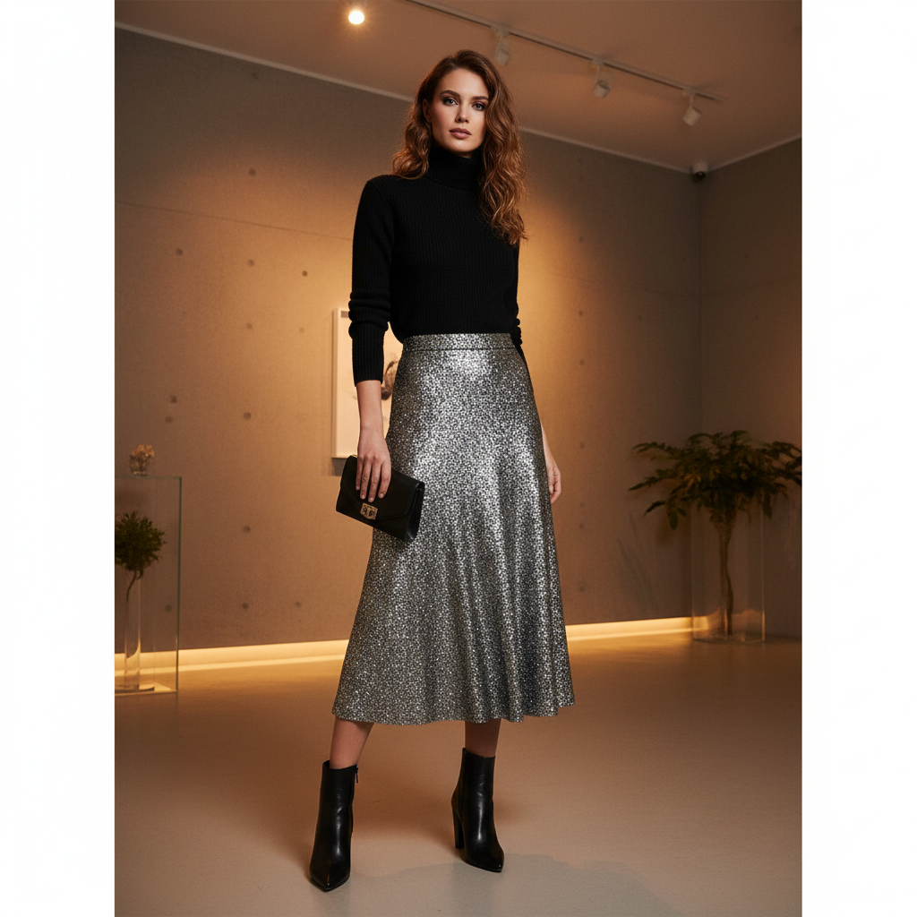 Glitter midi skirt styled with a black turtleneck for New Year’s Eve
