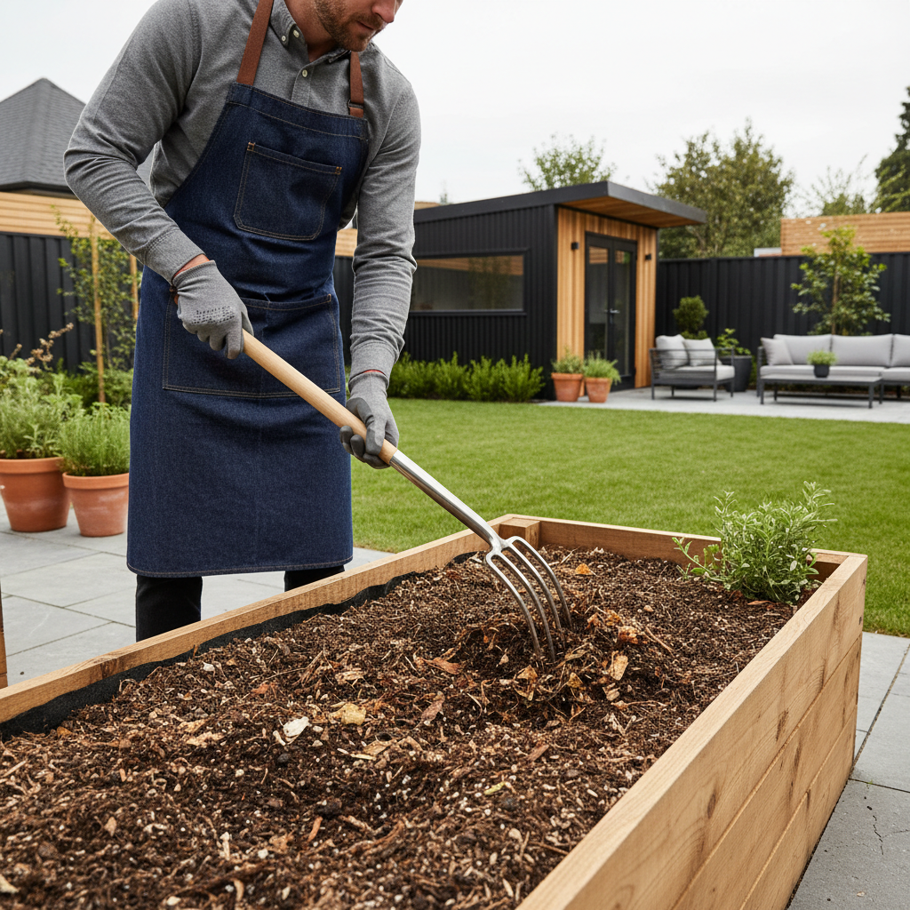 Garden fork mixing compost into soil in a raised bed