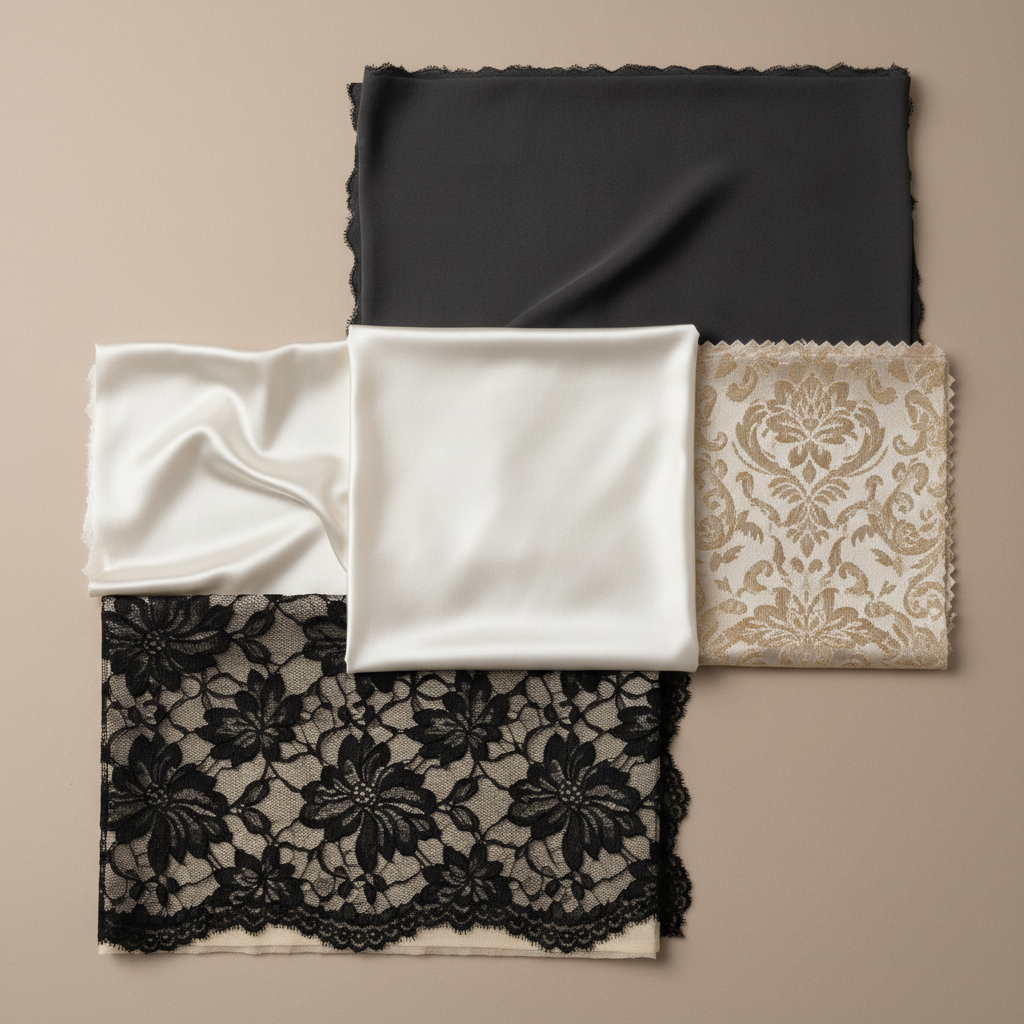 Fabric close-ups of satin, crepe, lace, and jacquard for classy cocktail dresses
