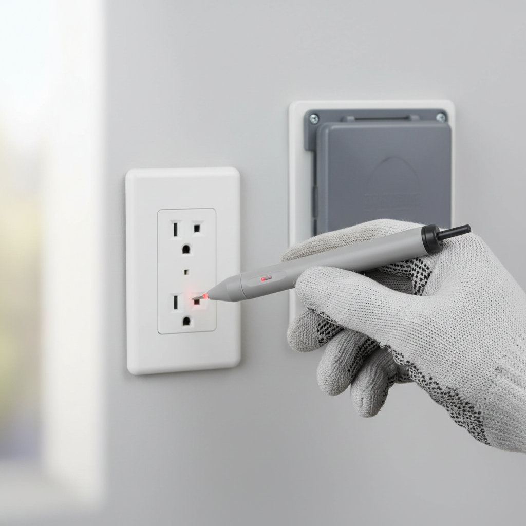 Non-contact voltage tester checking a wall outlet and wiring for electrical safety