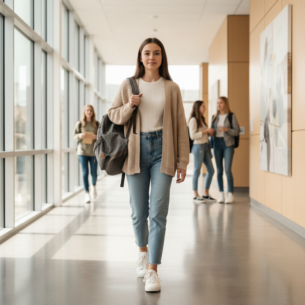 Teen layering school outfit with cardigan and sneakers in a bright hallway