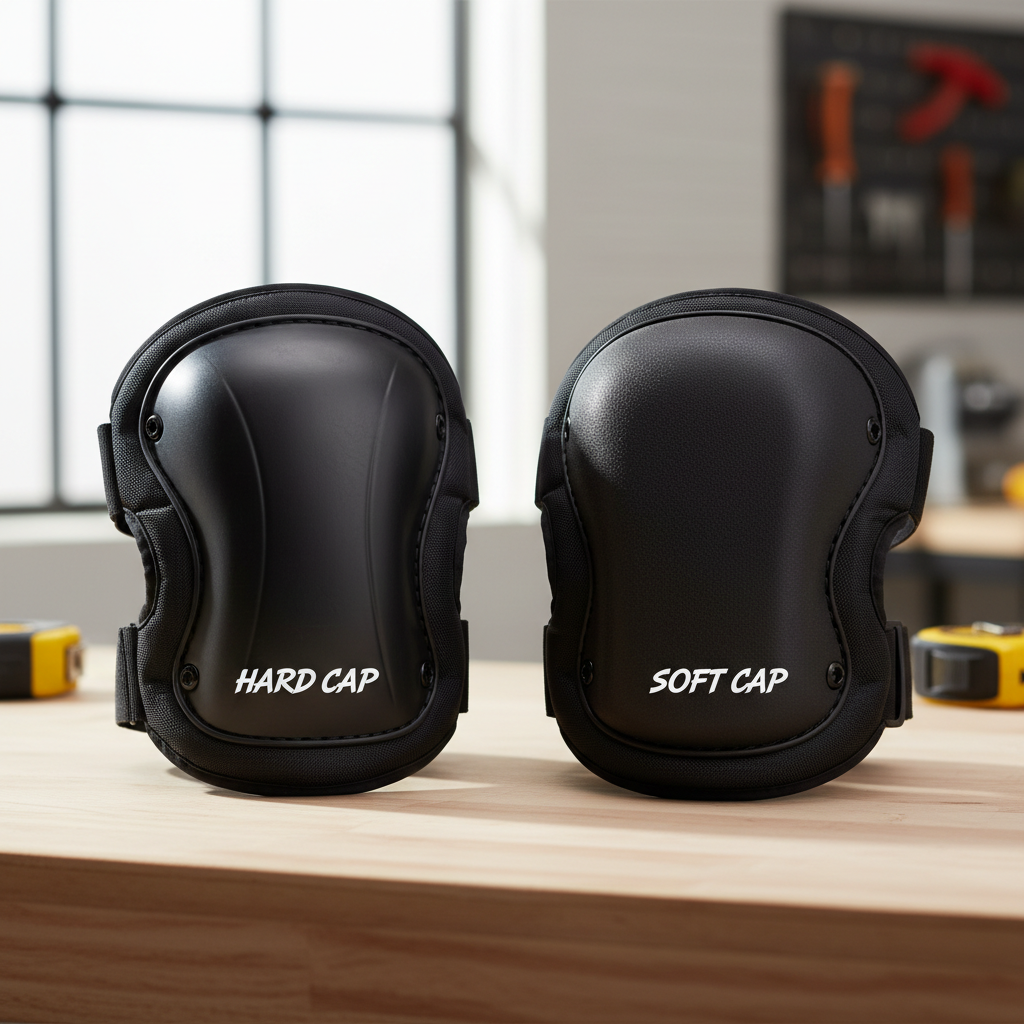 Close-up comparison of hard cap and soft cap knee pads for flooring work