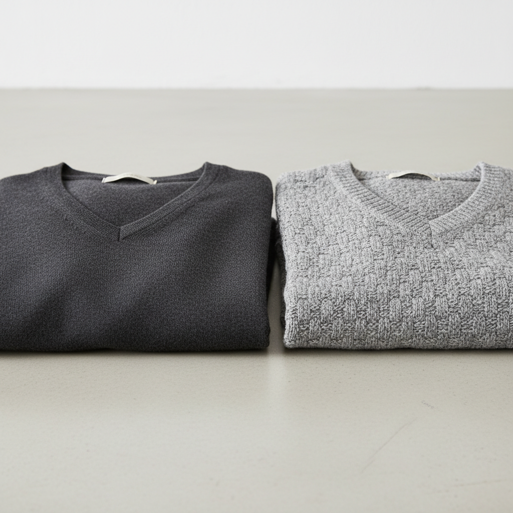 Close-up texture comparison of merino wool and cotton V neck sweaters