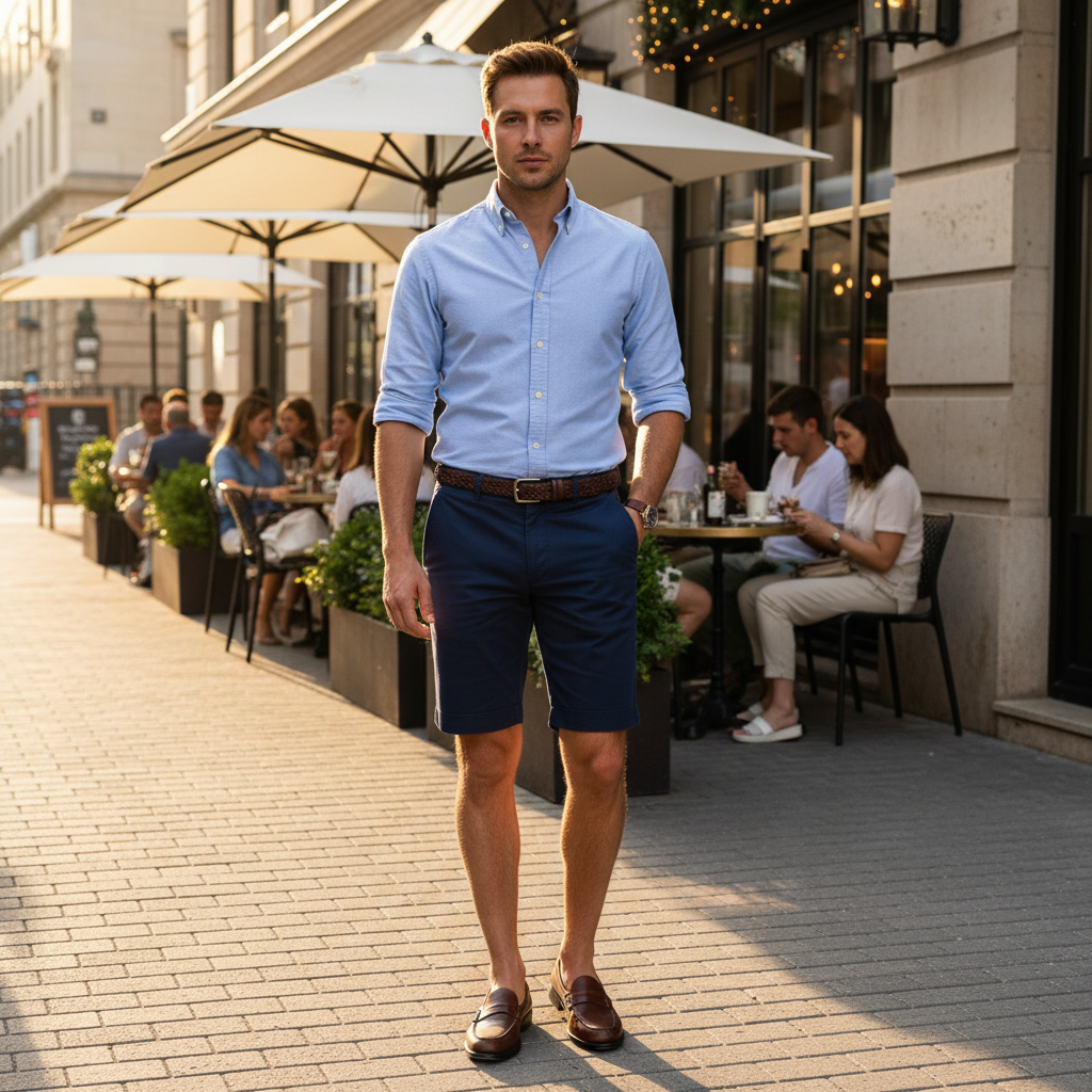 Summer casual smart outfit with chino shorts, button-down shirt, and loafers