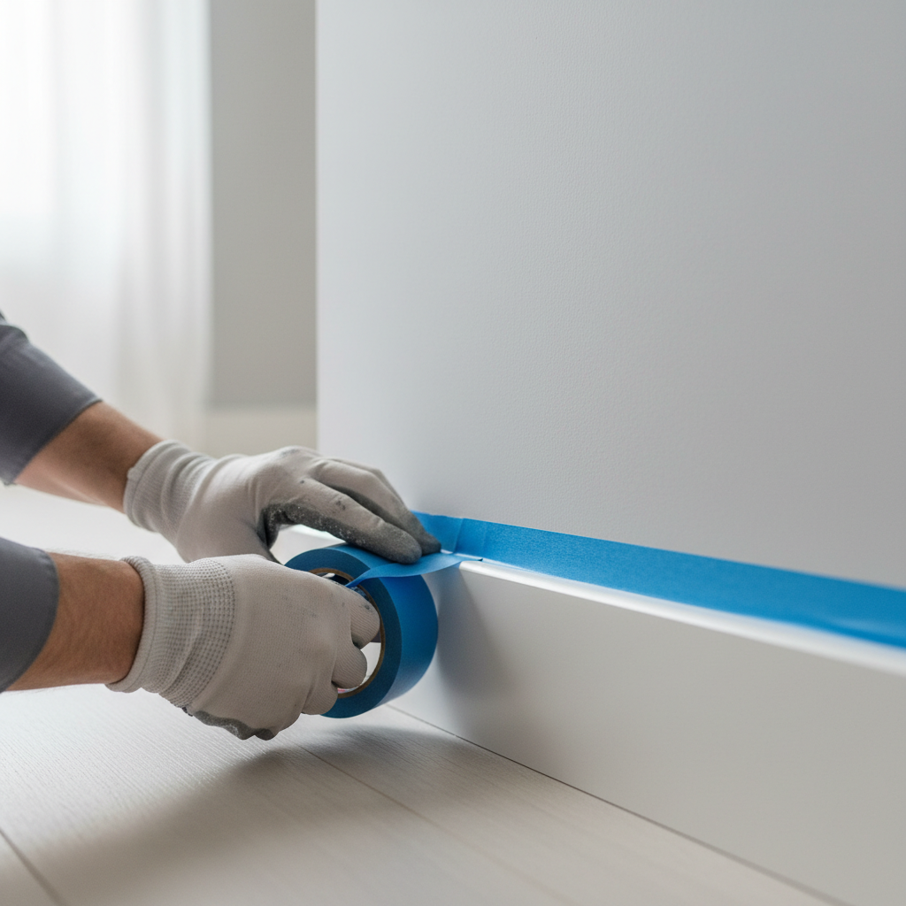 Applying painters tape along baseboard for a sharp paint edge
