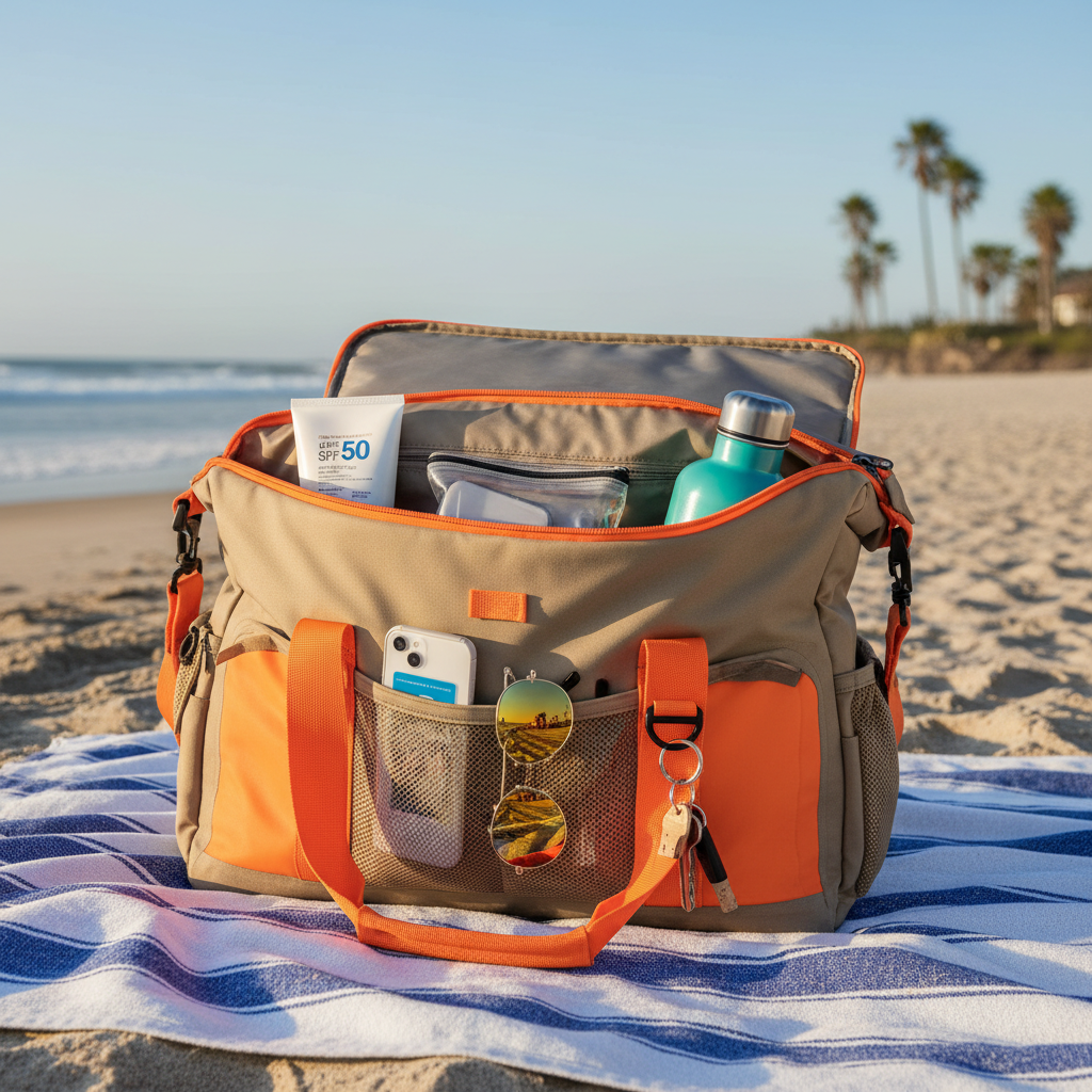 Waterproof beach travel bag with essentials organized on a towel