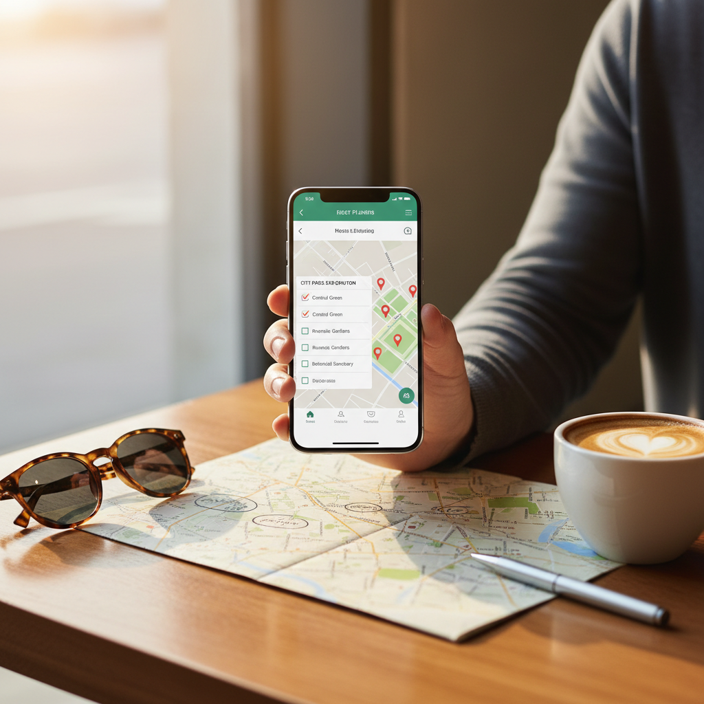 Travel planning checklist on a phone for visiting a city park