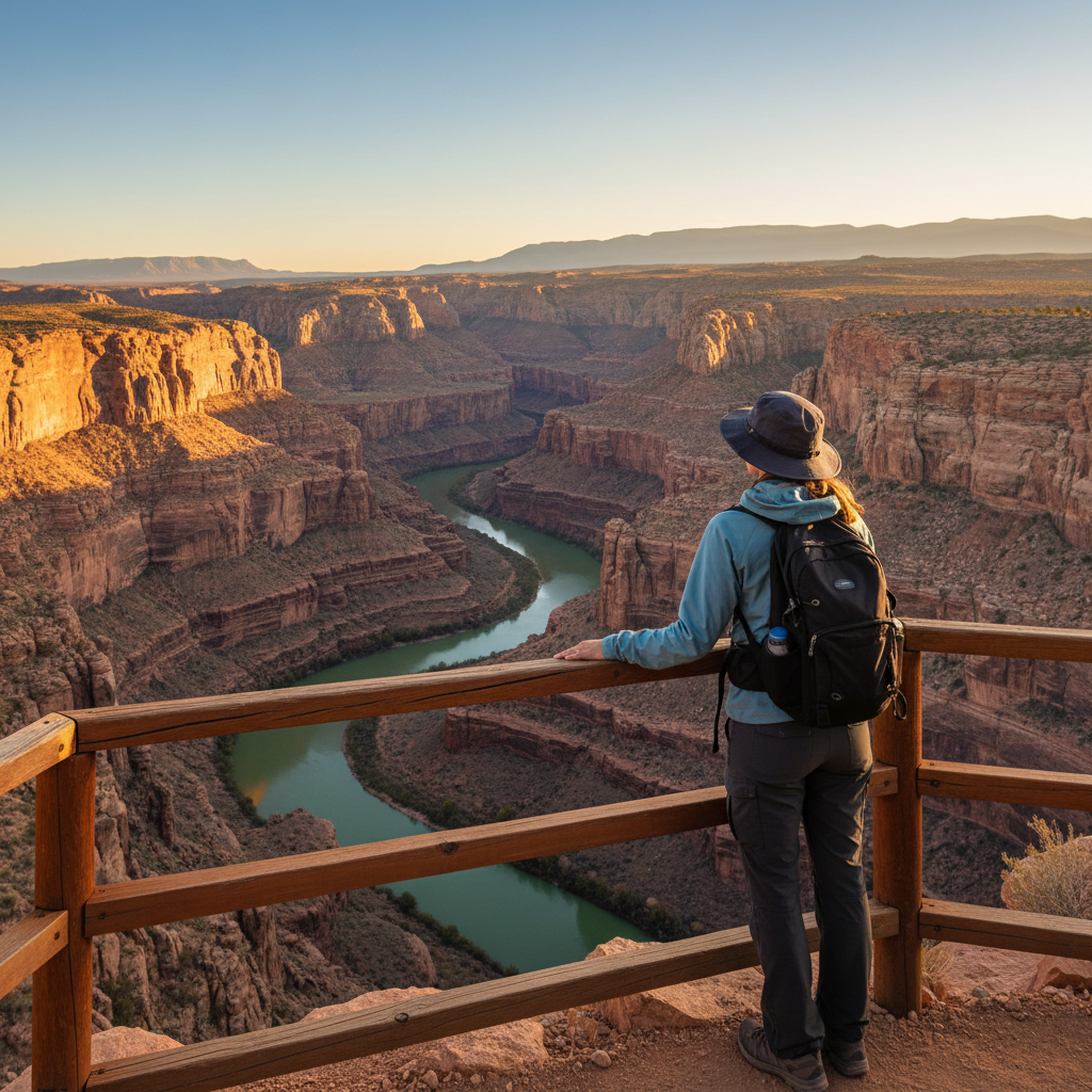 Hiker looking into a dramatic river gorge at golden hour
