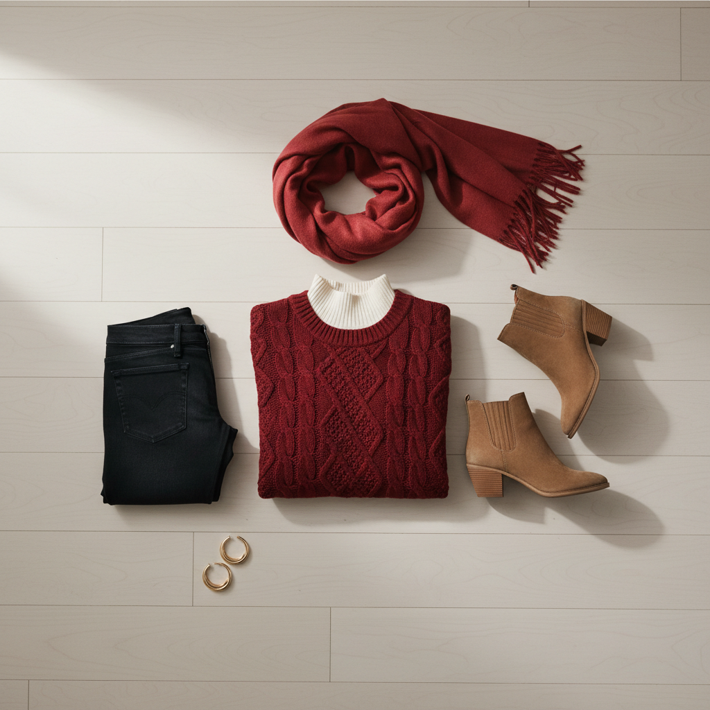 Flat lay of cozy holiday outfit essentials in red with neutral basics