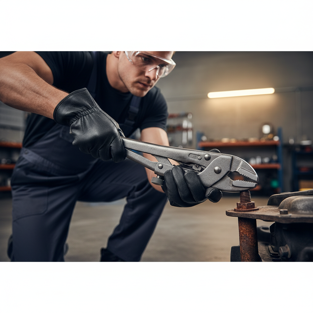 Mechanic using locking pliers heavy duty with gloves and eye protection on a rusted bolt