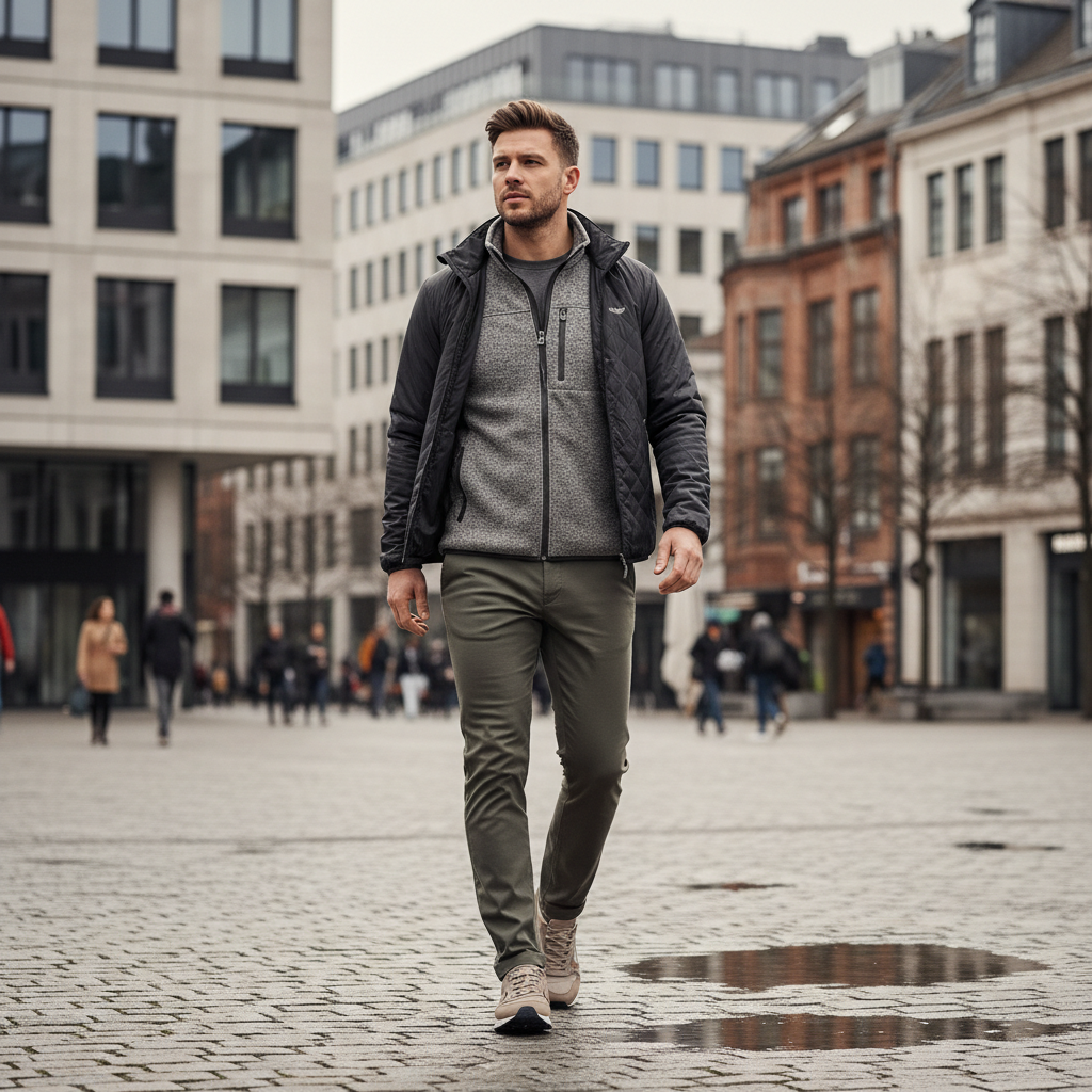 Men fleece jacket layered with a wind shell for warmth in breezy weather