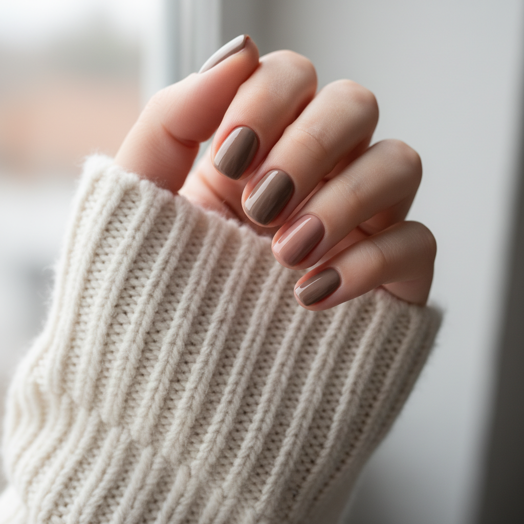Close-up manicure showing muted earth tone nail polish fashion colors on short nails
