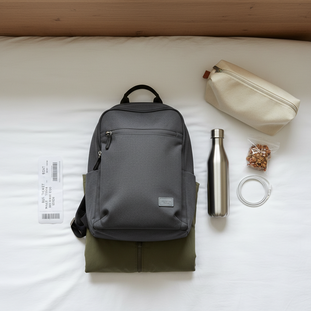 Packing light for a cheap bus trip with carry-on bag and essentials