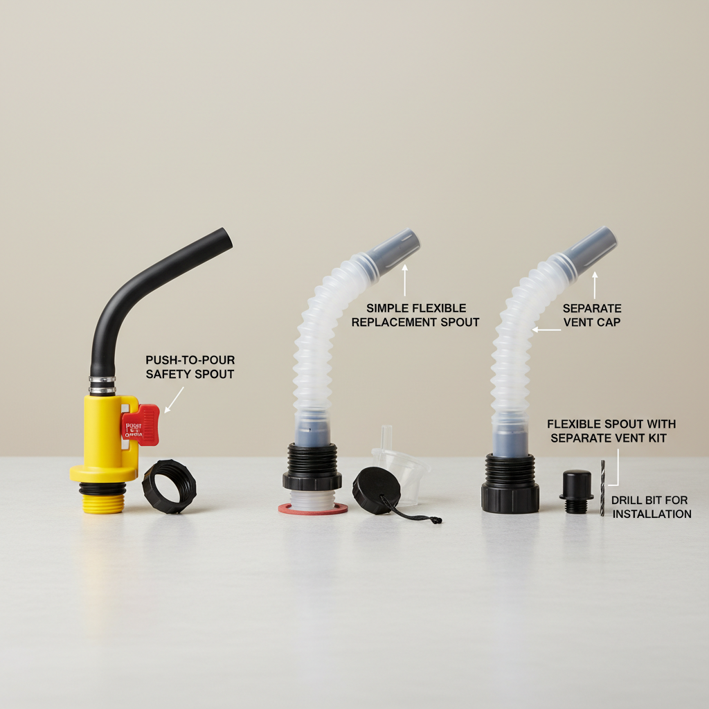 Comparison of flexible fuel can nozzle styles and parts like gasket, collar, and vent