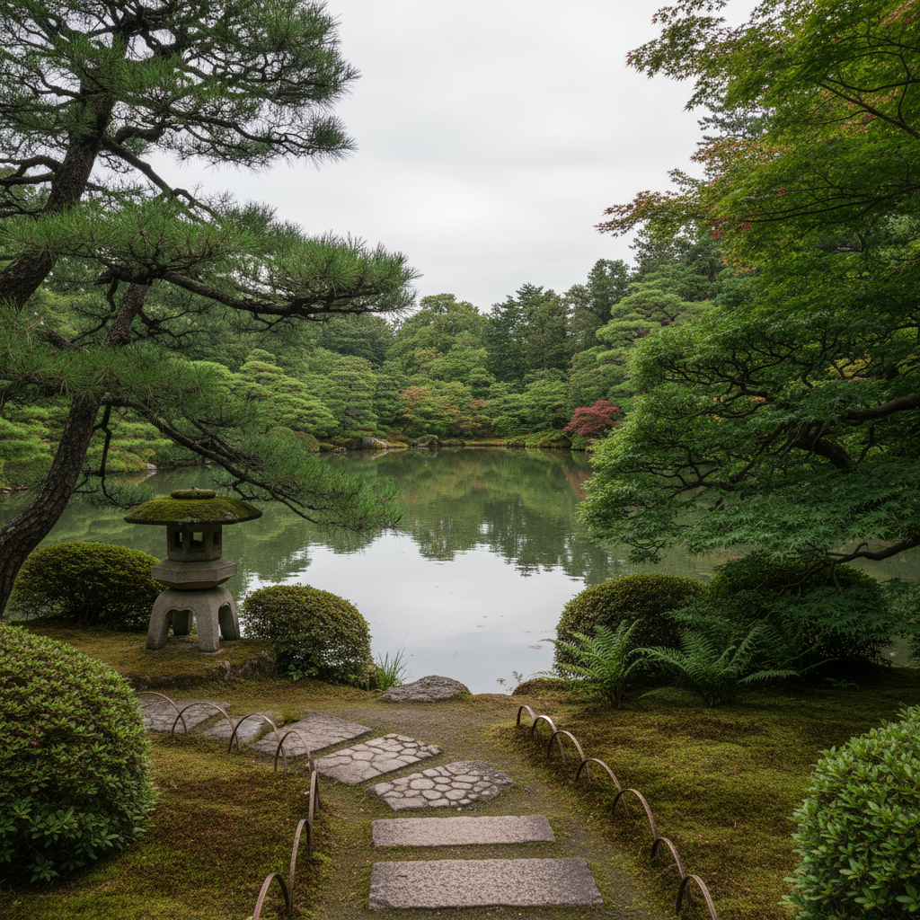 Japanese stroll garden with pond, stone lantern, and reflections for a peaceful travel stop