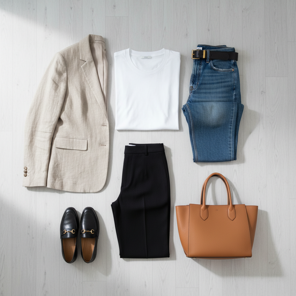 Elevated basics wardrobe in neutral tones laid out for outfit planning