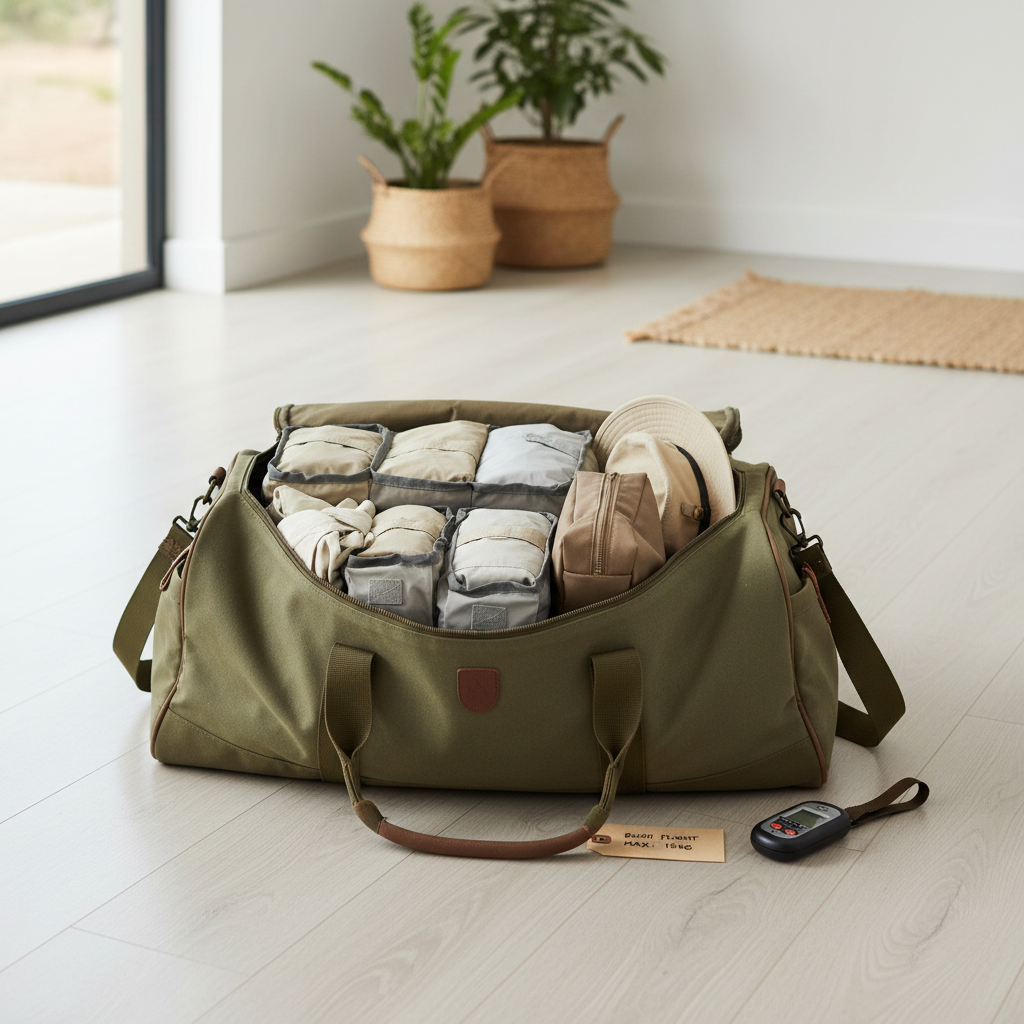 Soft-sided duffel and packing cubes organized for bush flight luggage limits