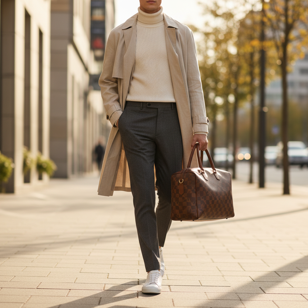 Weekend bag fashion look with neutral layers and tailored pants