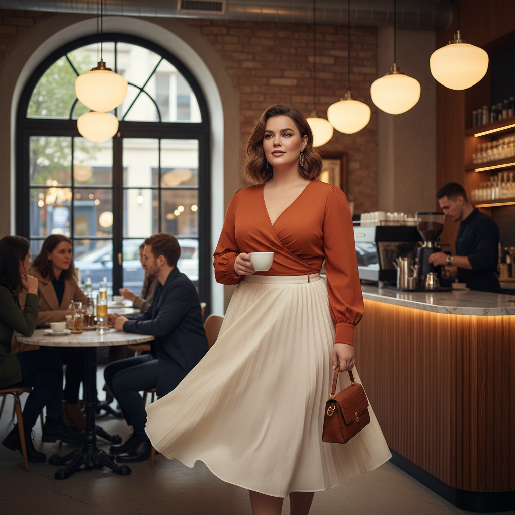 Curvy wrap top and midi skirt outfit idea for date night