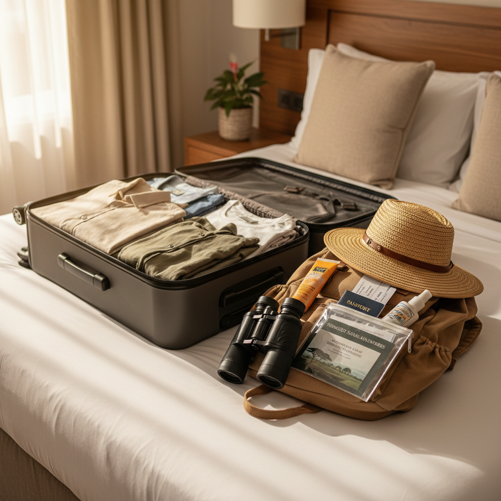 Safari traveler packing neutral clothing and essentials for Africa travel