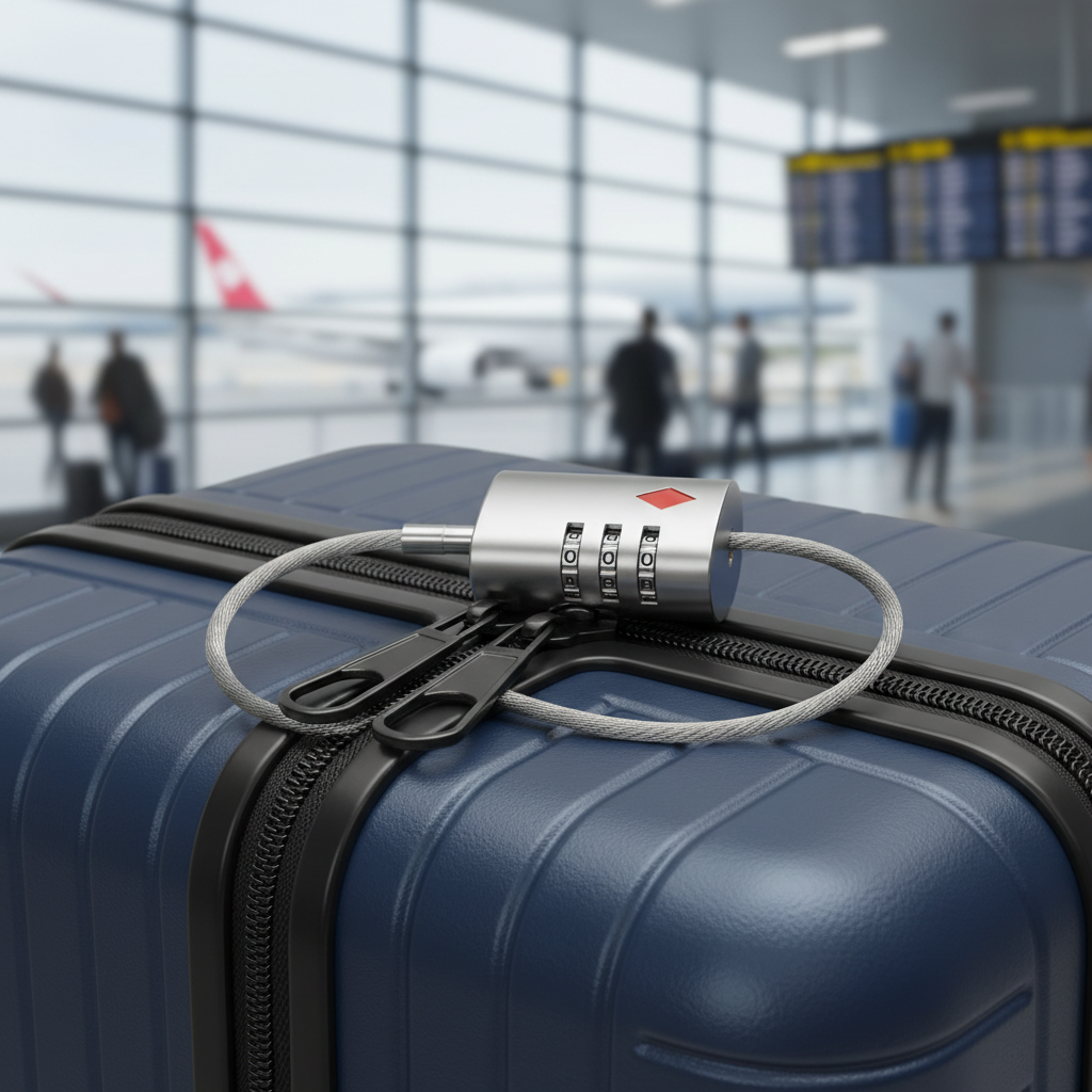 TSA-approved travel lock on suitcase zipper pulls in an airport