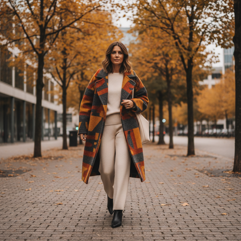 Monochrome fall outfit with ankle boots and a statement coat