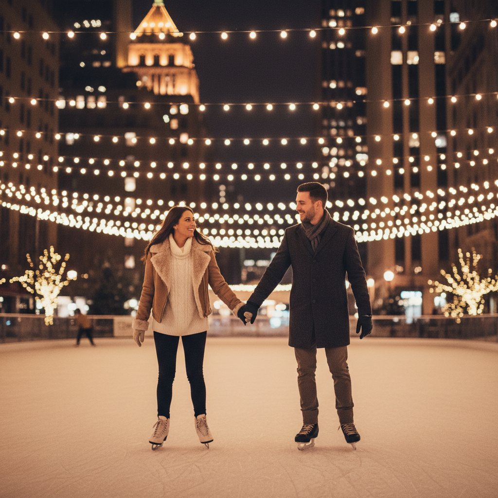 Couple ice skating at a twinkle-lit outdoor rink in a winter city