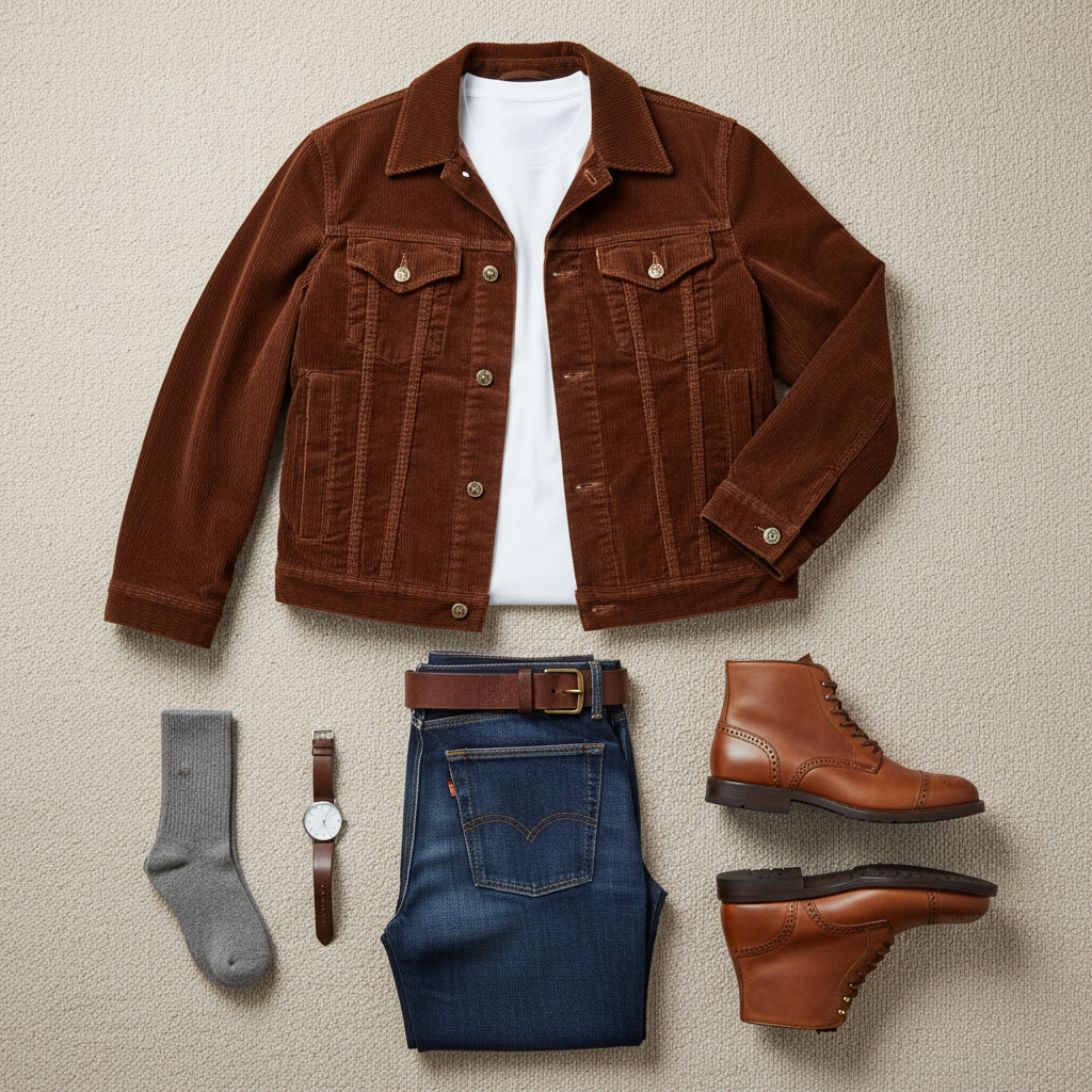 Corduroy jacket outfit formula flat lay with jeans and boots