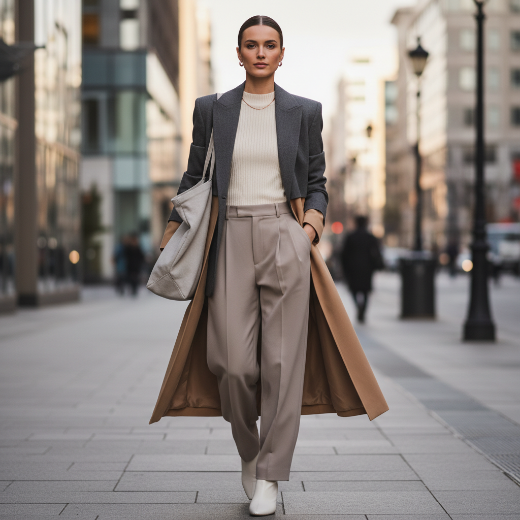 Women styling a basic mock neck top layered under a blazer and trench coat