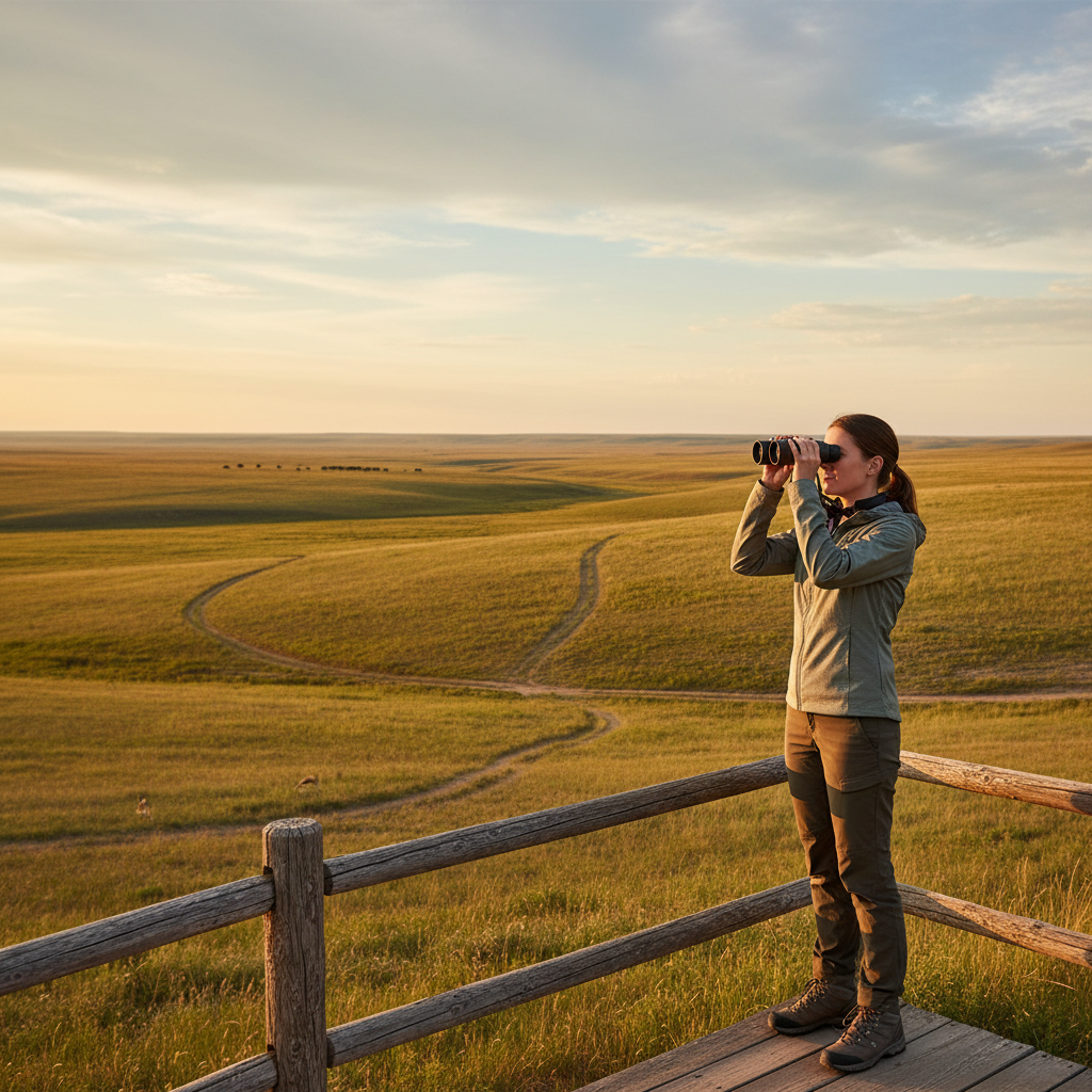 Traveler scanning grassland wildlife with binoculars from a scenic overlook