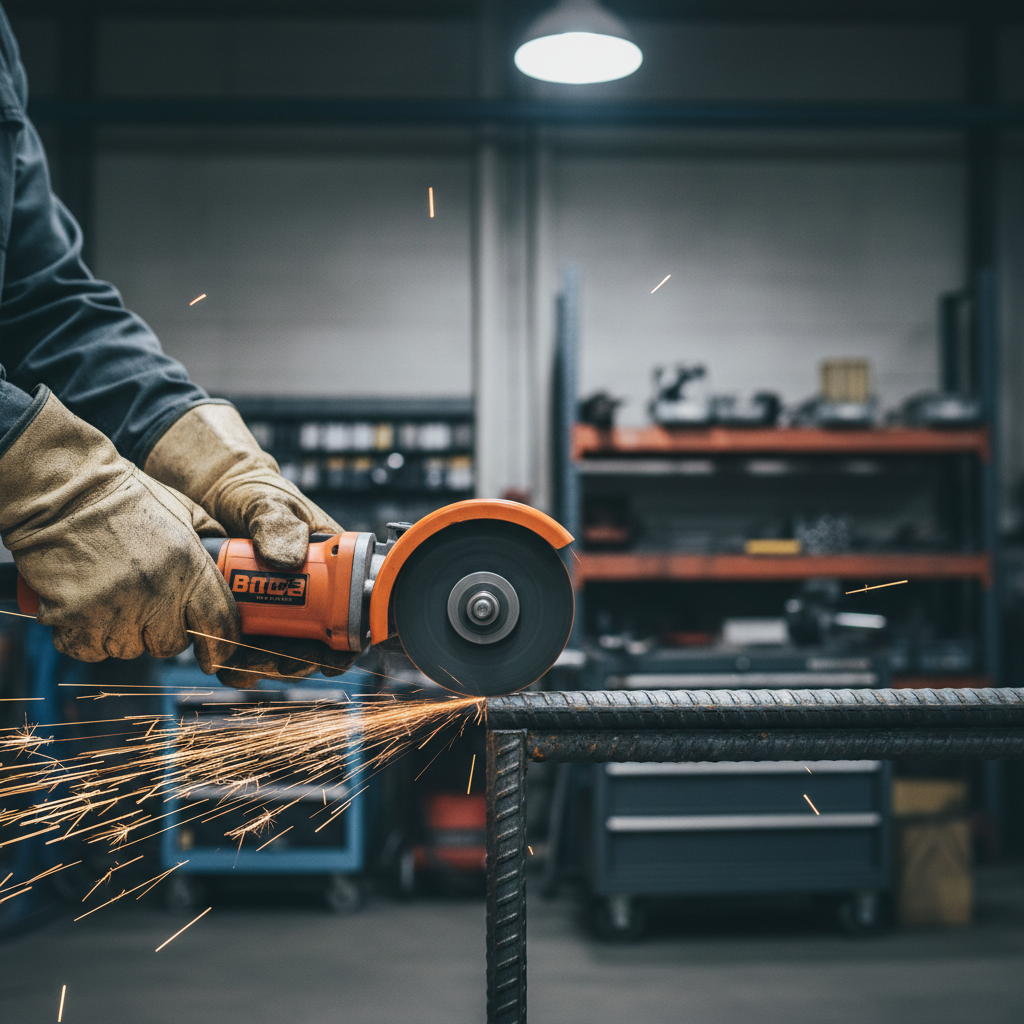 Close-up of cut-off wheel cutting steel bar with controlled sparks and proper guard