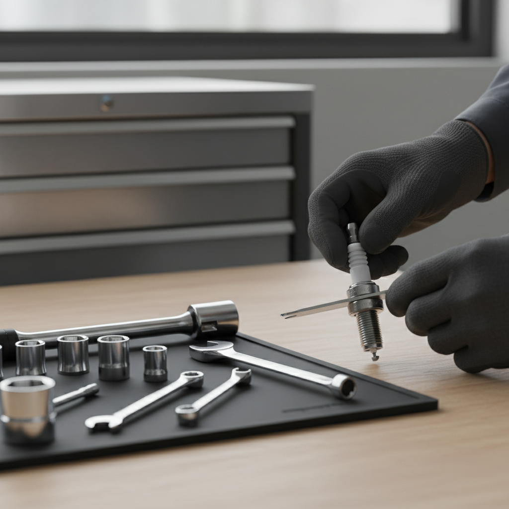 Spark plug gap measurement using a feeler gauge on a workbench
