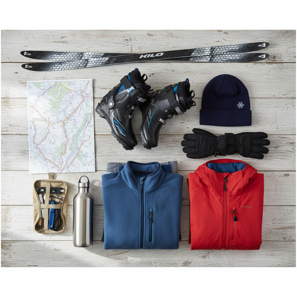 Flat lay of cross country ski travel gear including boots, gloves, layers, and trail map