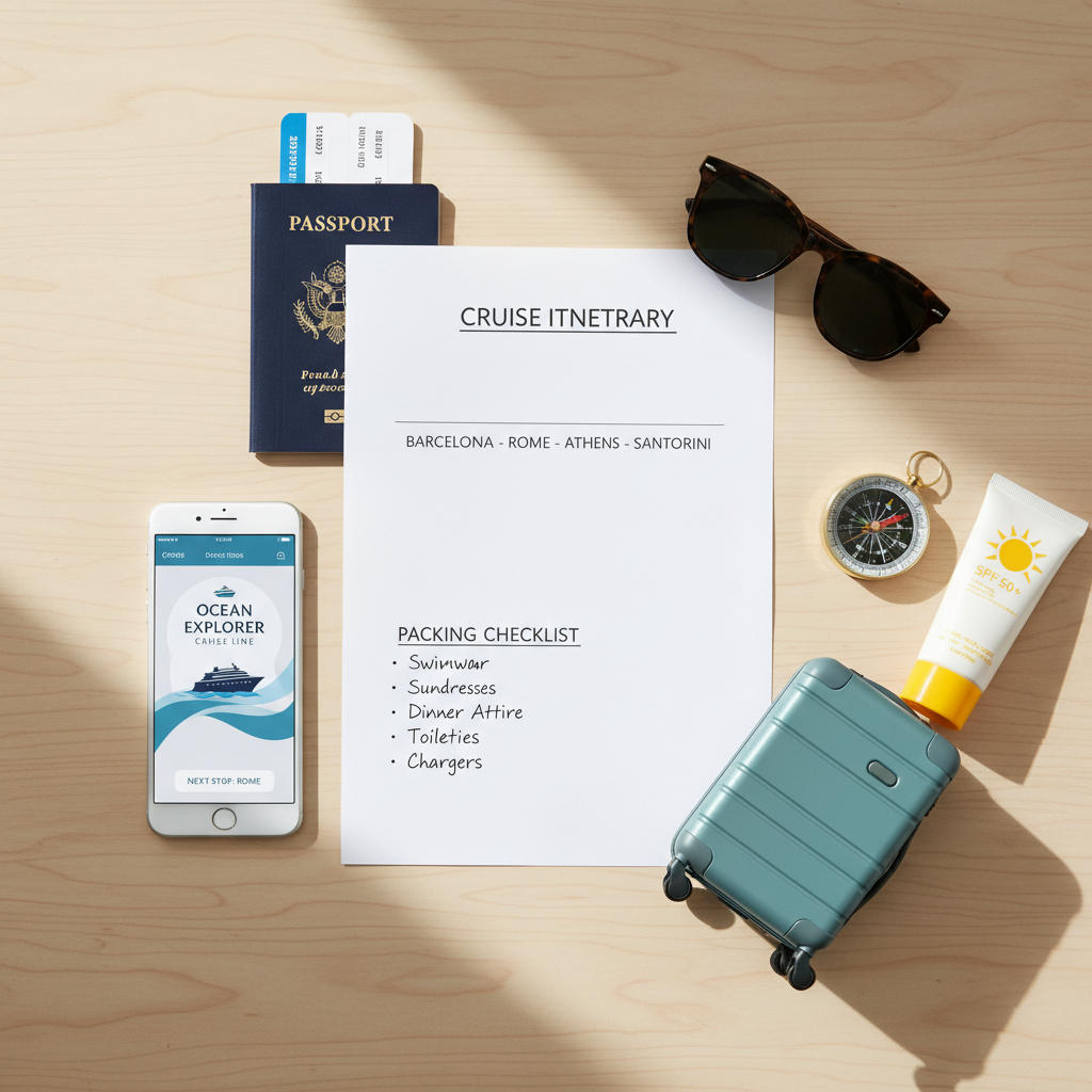First-time cruiser planning checklist with ship itinerary and packing items