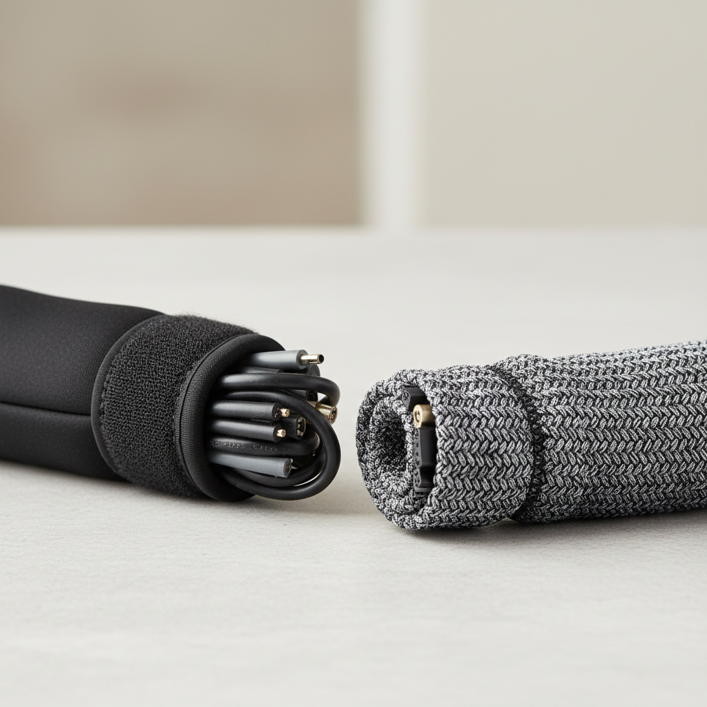 Comparison of neoprene cable sleeve and braided sleeve on a clean workspace